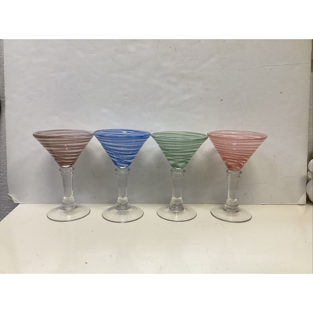 mexican hand blown glasses swirl multicolor set of 4 thick stem 7”